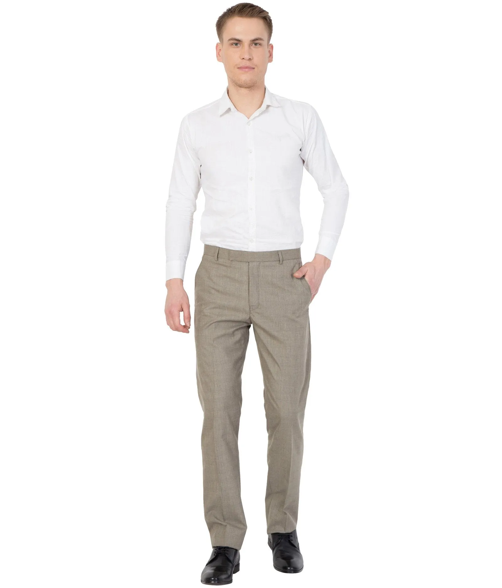 American-Elm Men Light Beige Cotton Slim Fit Formal Trouser