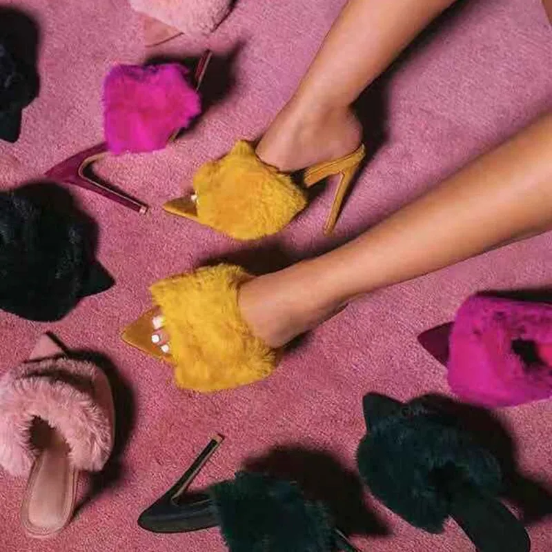 color pointed toes faux fur high heels super fluffy furry