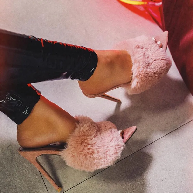 color pointed toes faux fur high heels super fluffy furry