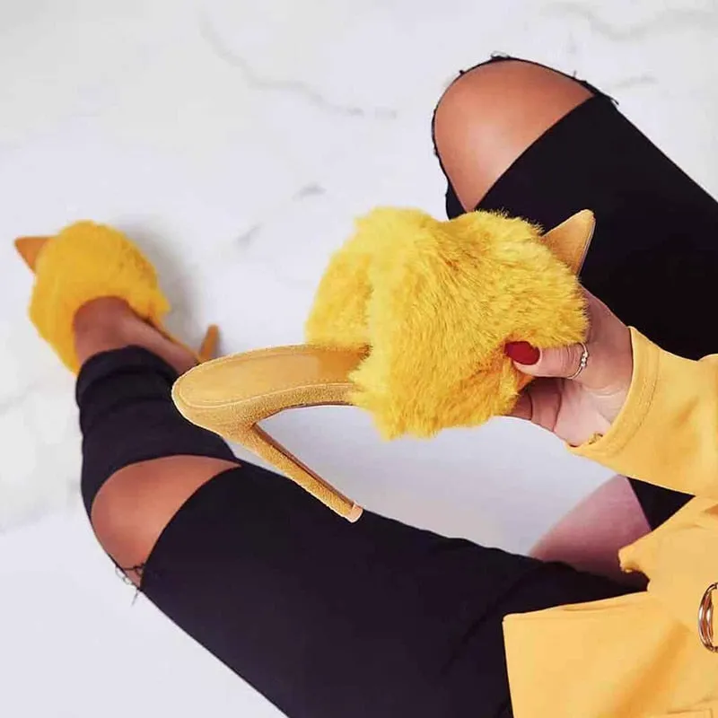 color pointed toes faux fur high heels super fluffy furry