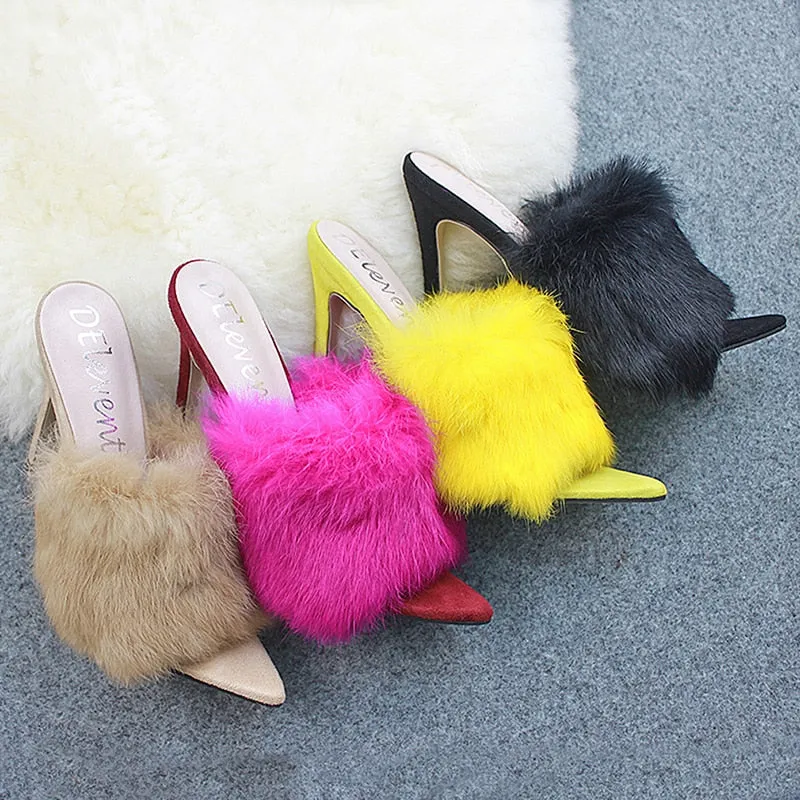 color pointed toes faux fur high heels super fluffy furry