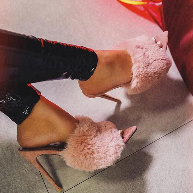 color pointed toes faux fur high heels super fluffy furry