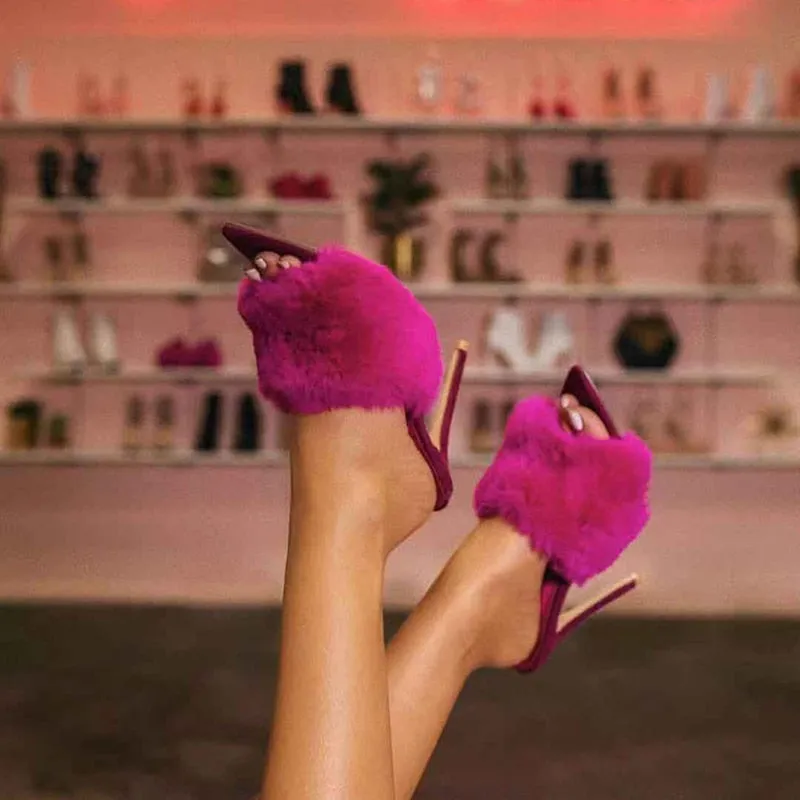 color pointed toes faux fur high heels super fluffy furry