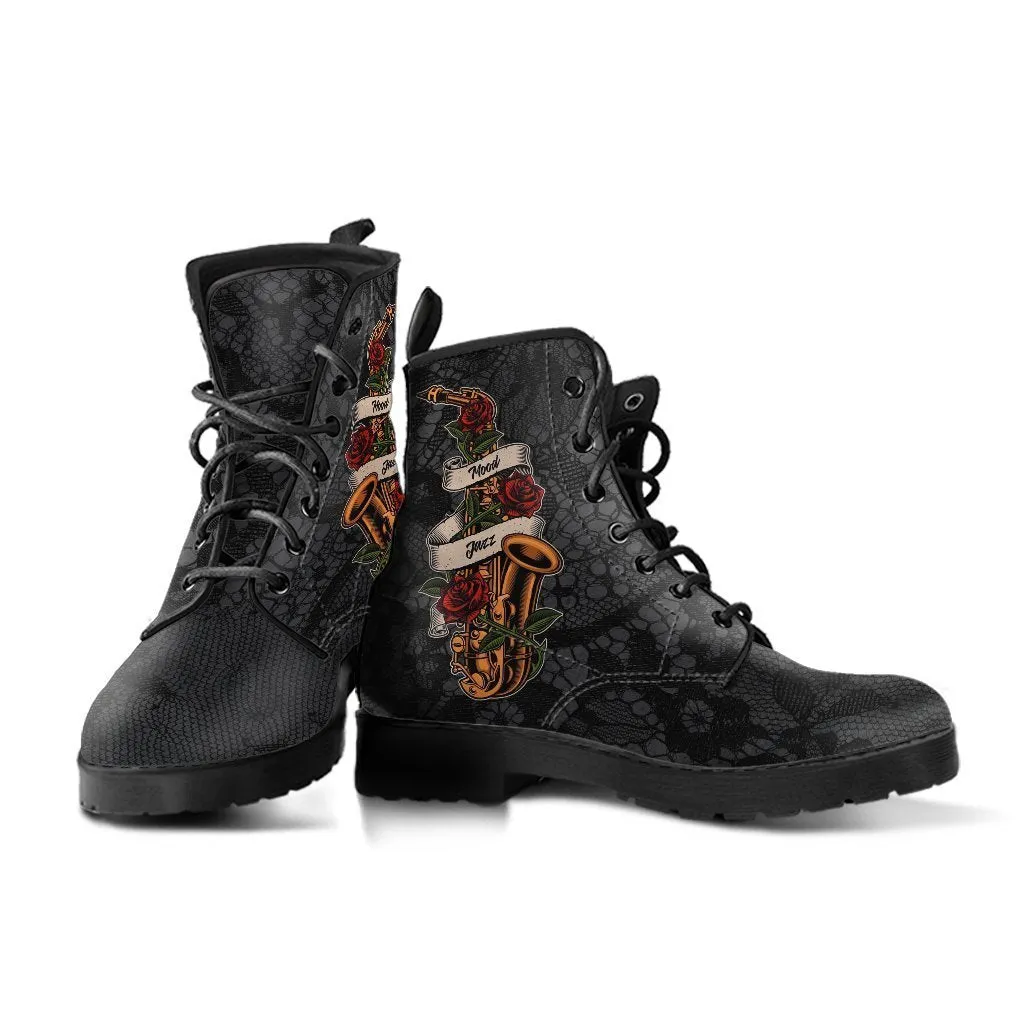 Combat Boots - Saxophone Art #11 | Gifts for Saxophone Player, Gifts for Jazz Lovers, 90s Boots, Hippie Boots, Boho Shoes, Custom Shoes