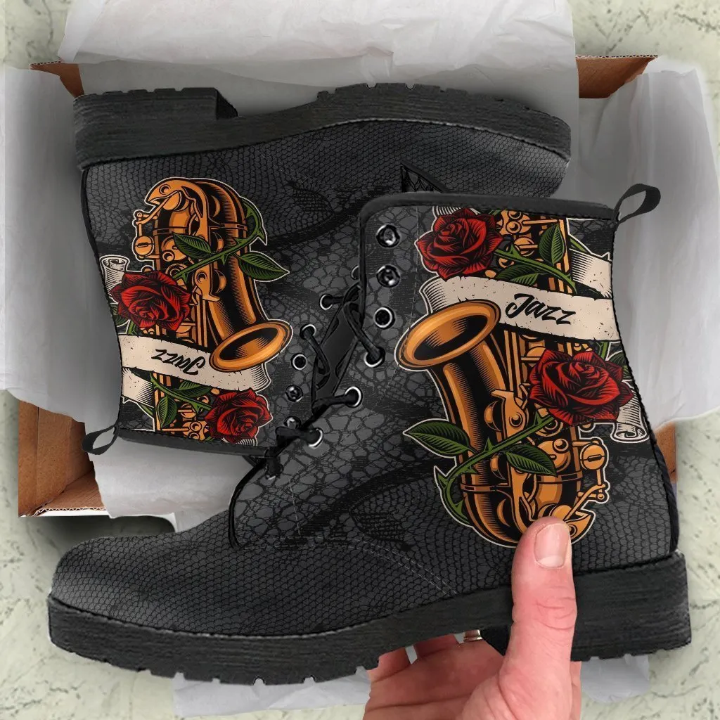 Combat Boots - Saxophone Art #11 | Gifts for Saxophone Player, Gifts for Jazz Lovers, 90s Boots, Hippie Boots, Boho Shoes, Custom Shoes