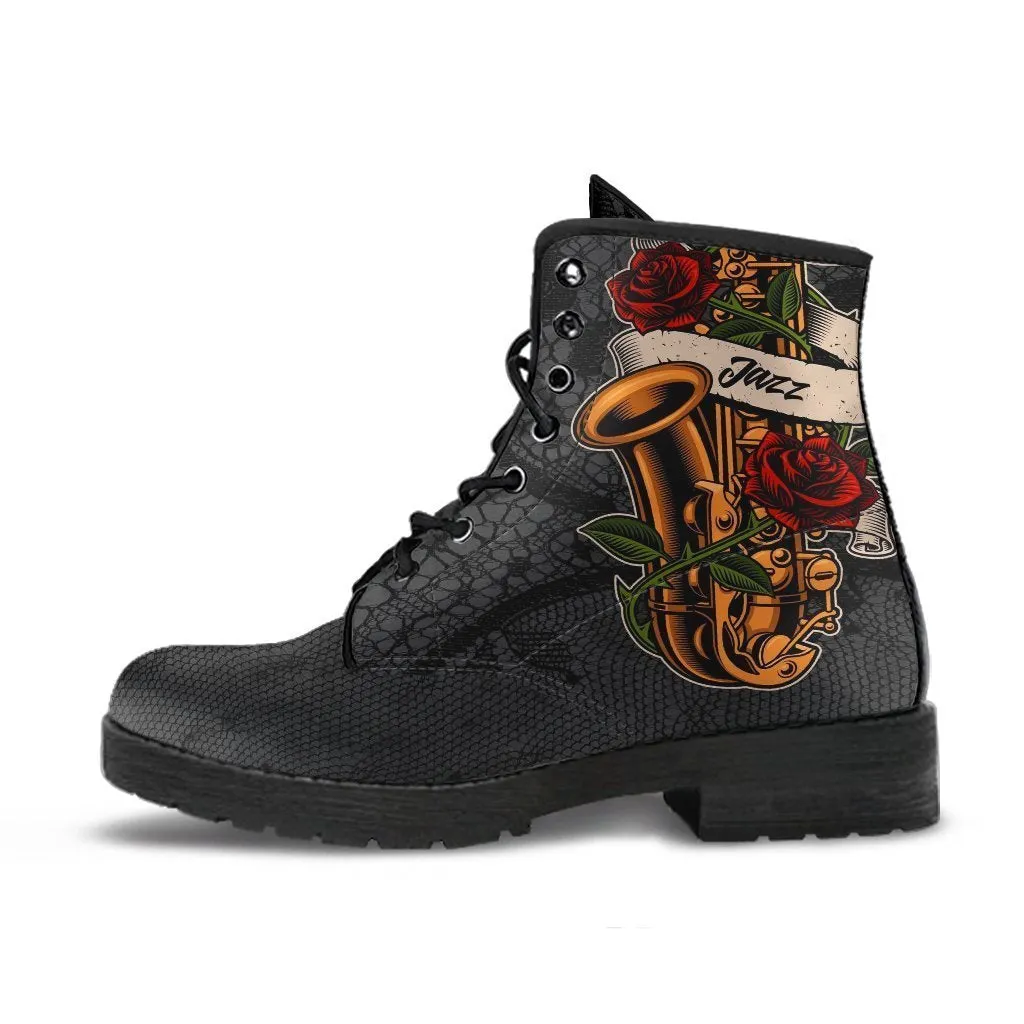 Combat Boots - Saxophone Art #11 | Gifts for Saxophone Player, Gifts for Jazz Lovers, 90s Boots, Hippie Boots, Boho Shoes, Custom Shoes