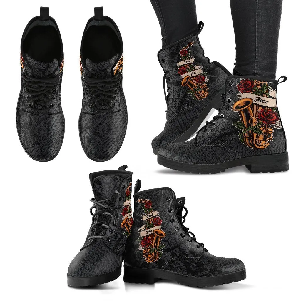 Combat Boots - Saxophone Art #11 | Gifts for Saxophone Player, Gifts for Jazz Lovers, 90s Boots, Hippie Boots, Boho Shoes, Custom Shoes
