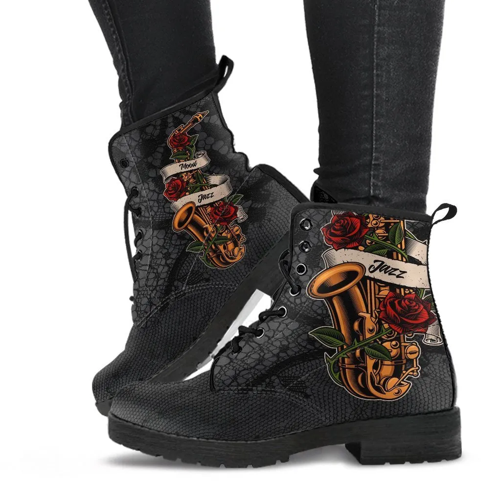 Combat Boots - Saxophone Art #11 | Gifts for Saxophone Player, Gifts for Jazz Lovers, 90s Boots, Hippie Boots, Boho Shoes, Custom Shoes