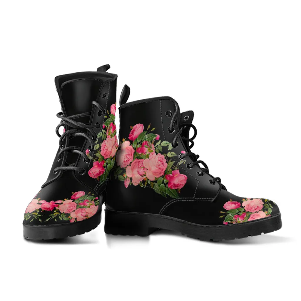 Combat Boots - Vintage Roses (Black) | Women's Black Hipster Boots, Vegan Leather Lace Up Boots, Handmade Lace Up Boots, Women's Boots