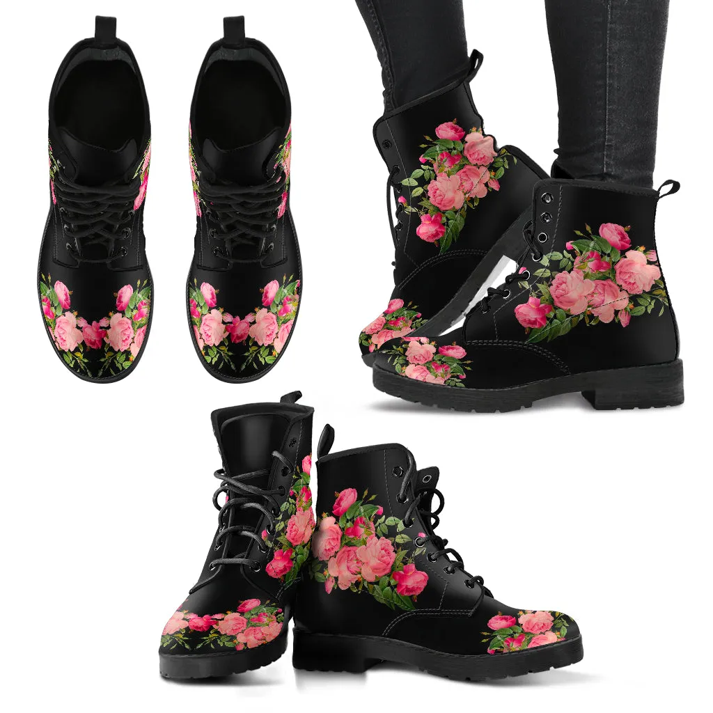 Combat Boots - Vintage Roses (Black) | Women's Black Hipster Boots, Vegan Leather Lace Up Boots, Handmade Lace Up Boots, Women's Boots