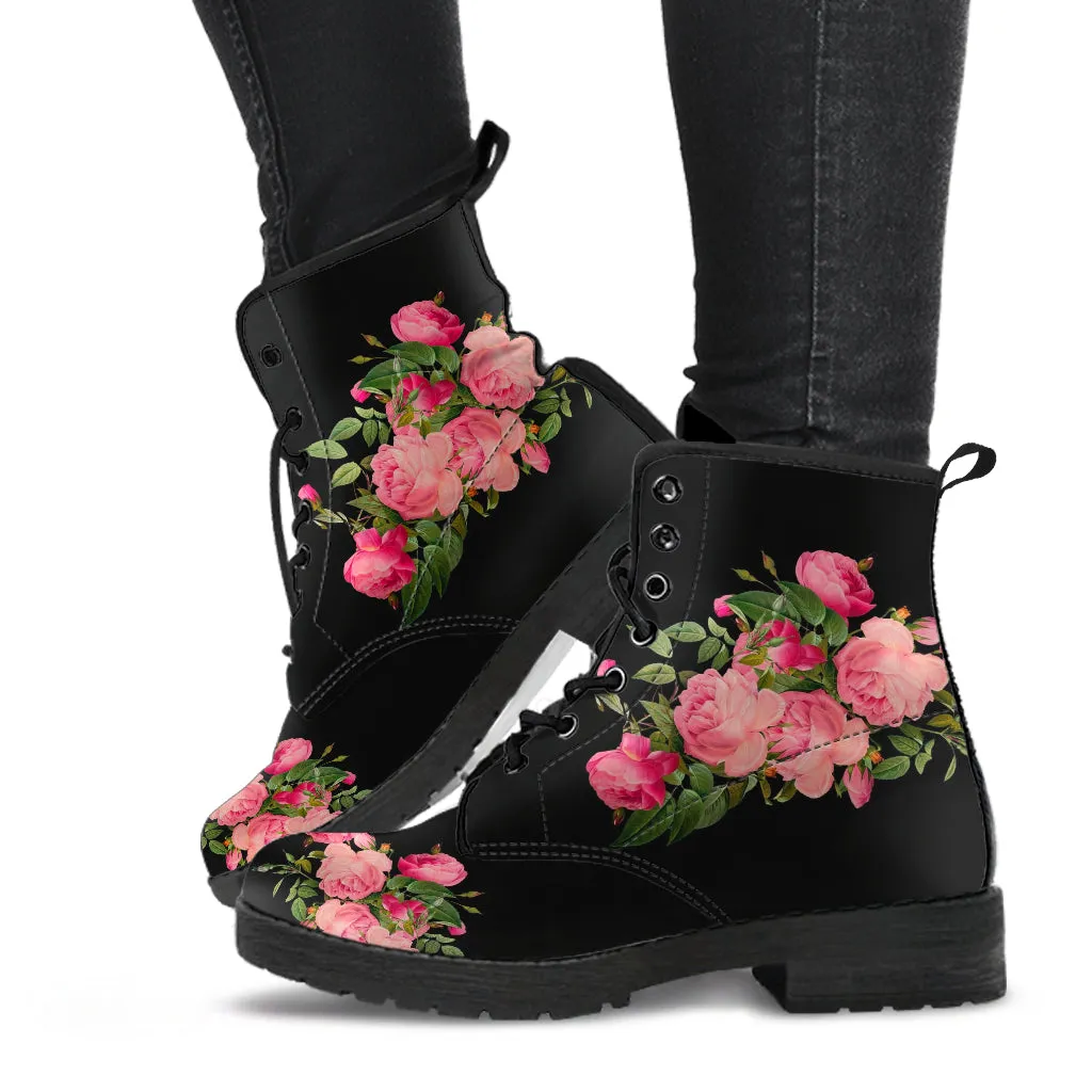 Combat Boots - Vintage Roses (Black) | Women's Black Hipster Boots, Vegan Leather Lace Up Boots, Handmade Lace Up Boots, Women's Boots