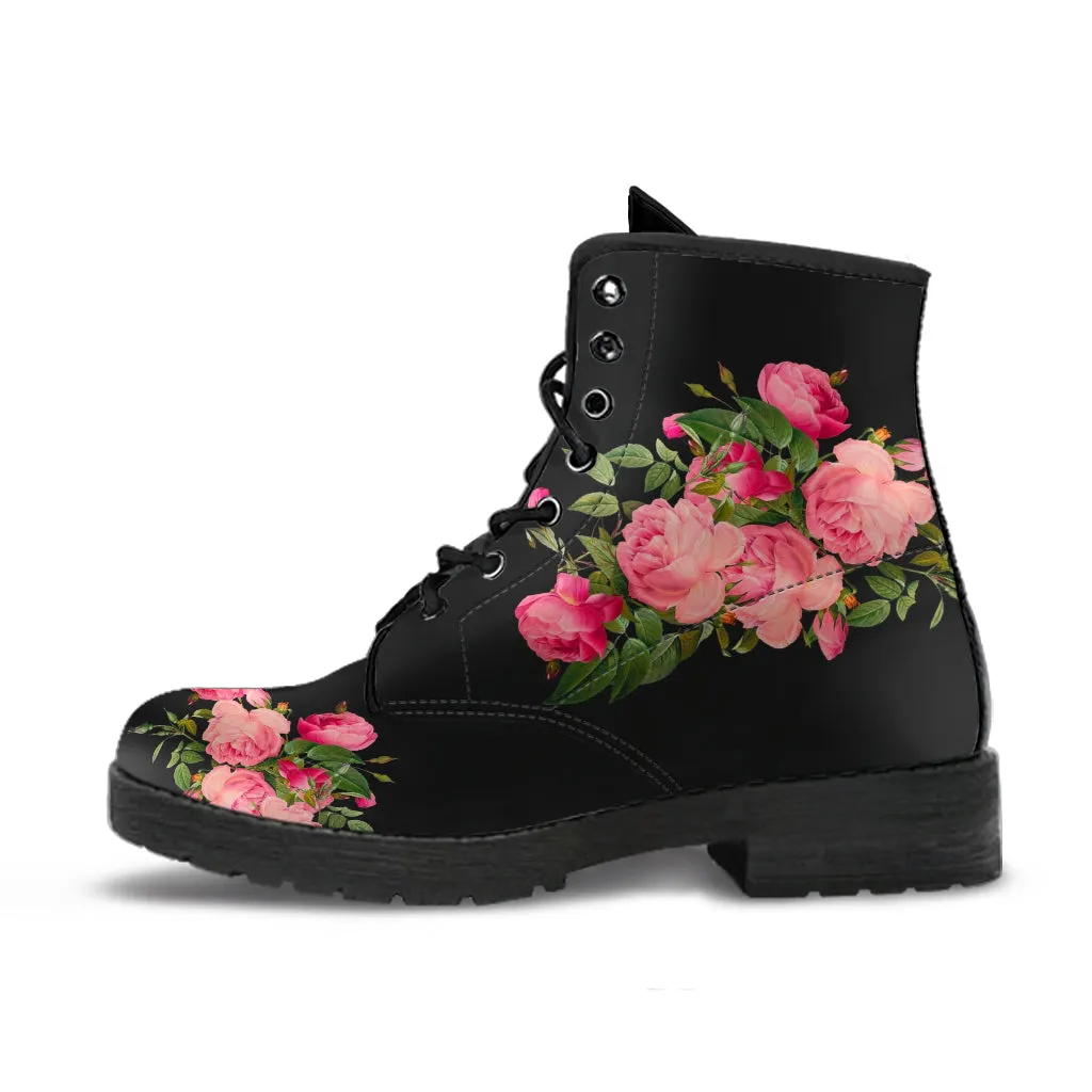 Combat Boots - Vintage Roses (Black) | Women's Black Hipster Boots, Vegan Leather Lace Up Boots, Handmade Lace Up Boots, Women's Boots