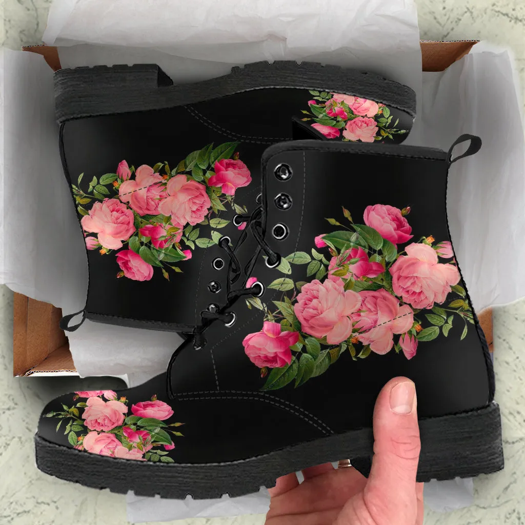 Combat Boots - Vintage Roses (Black) | Women's Black Hipster Boots, Vegan Leather Lace Up Boots, Handmade Lace Up Boots, Women's Boots