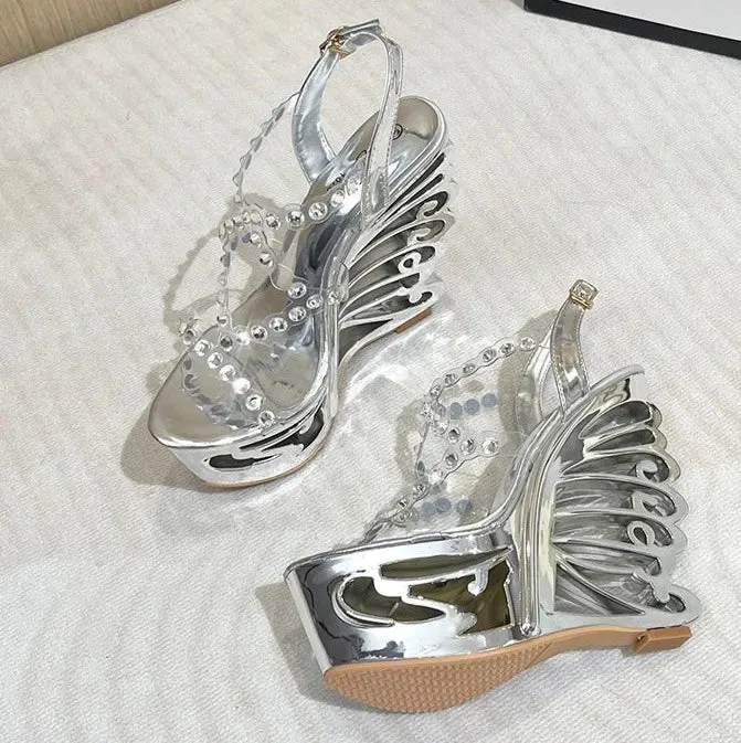 Diamond Rivet PVC Band Hollow Out Wedge Shoes