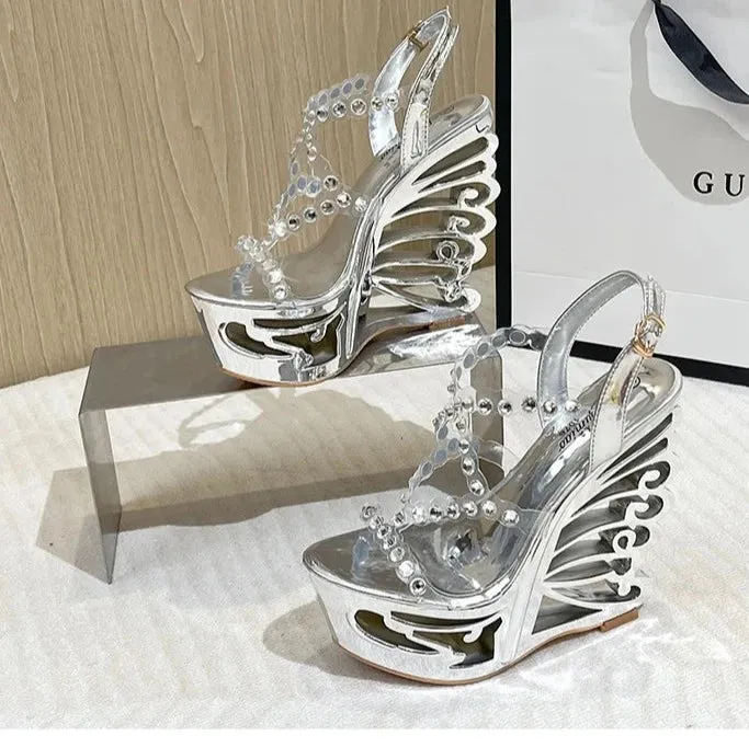 Diamond Rivet PVC Band Hollow Out Wedge Shoes