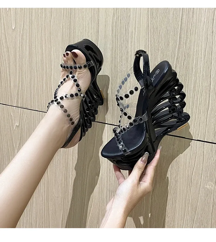 Diamond Rivet PVC Band Hollow Out Wedge Shoes