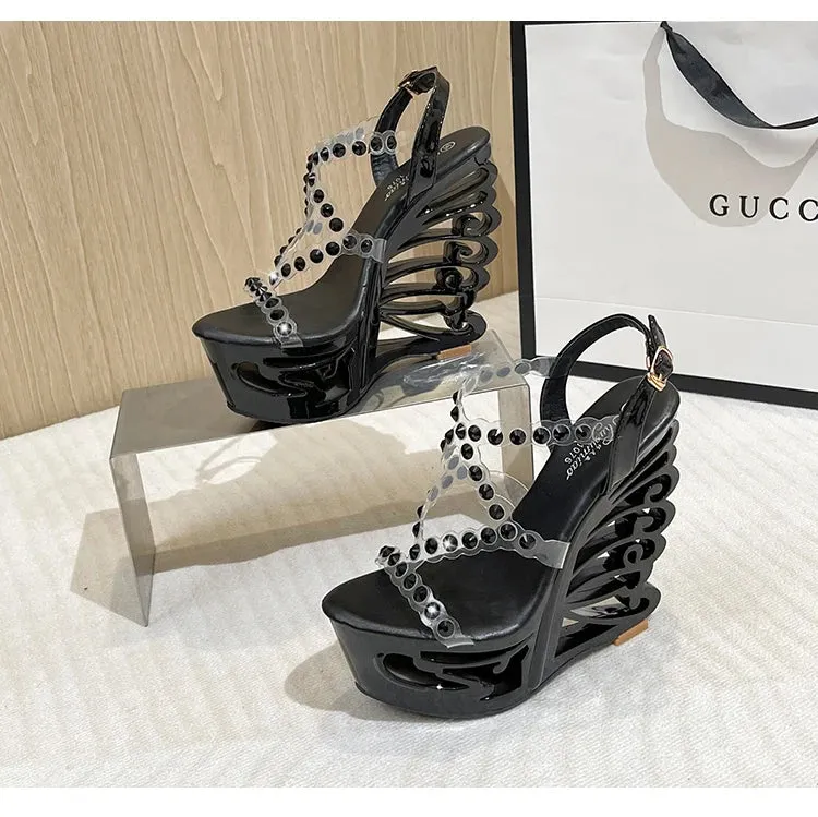 Diamond Rivet PVC Band Hollow Out Wedge Shoes