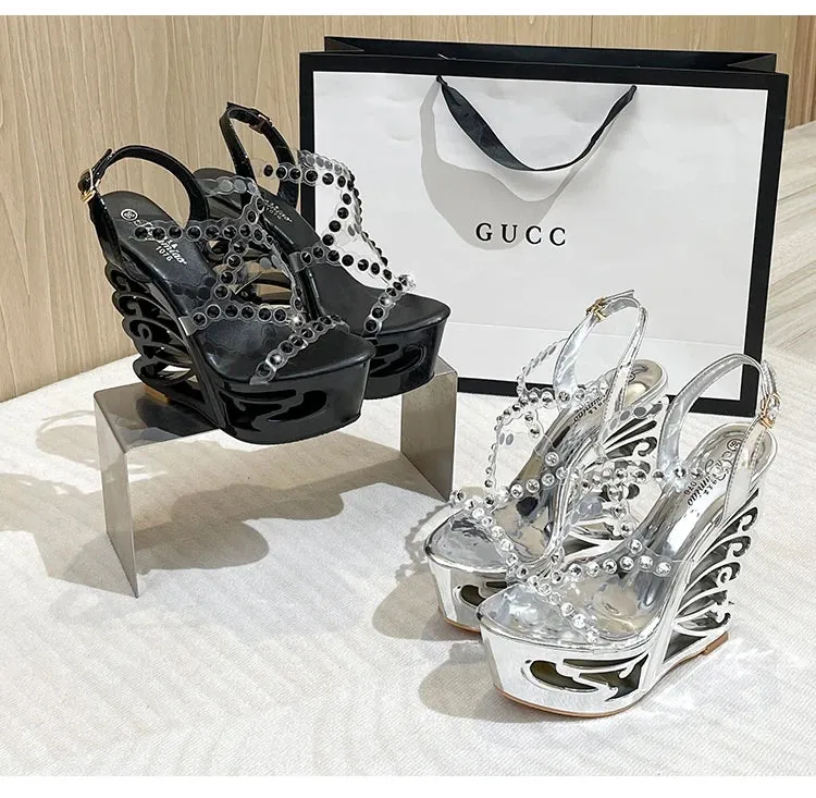 Diamond Rivet PVC Band Hollow Out Wedge Shoes