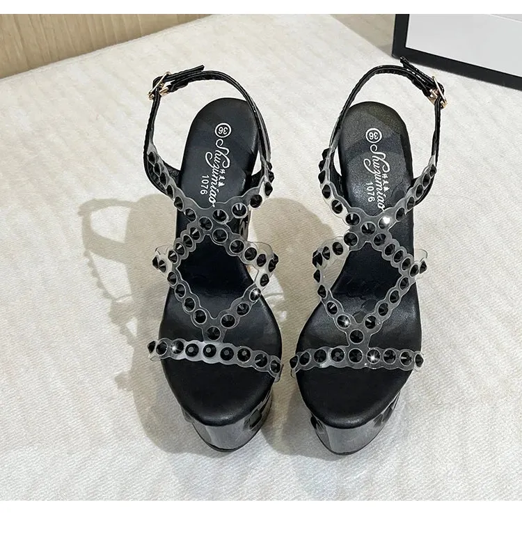 Diamond Rivet PVC Band Hollow Out Wedge Shoes