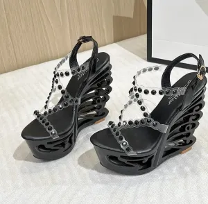 Diamond Rivet PVC Band Hollow Out Wedge Shoes
