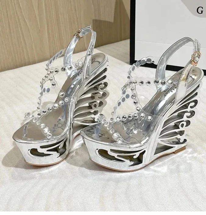 Diamond Rivet PVC Band Hollow Out Wedge Shoes