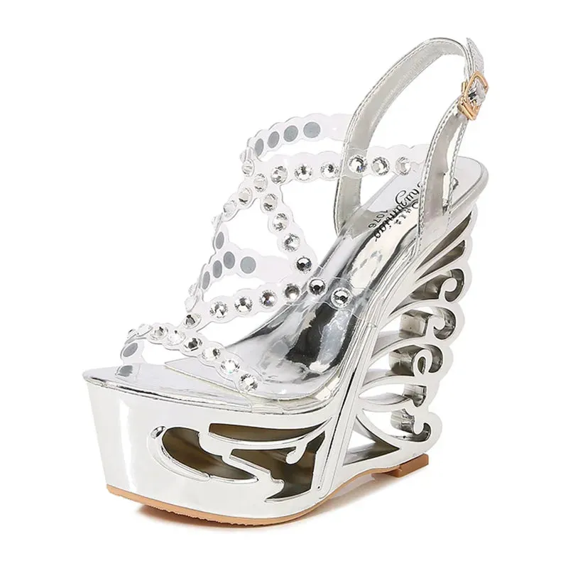 Diamond Rivet PVC Band Hollow Out Wedge Shoes