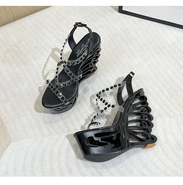 Diamond Rivet PVC Band Hollow Out Wedge Shoes