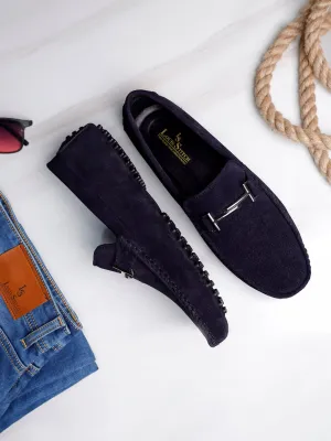 Federal Blue Handmade Italian Suede Leather Penny Loafers with Designer Buckle
