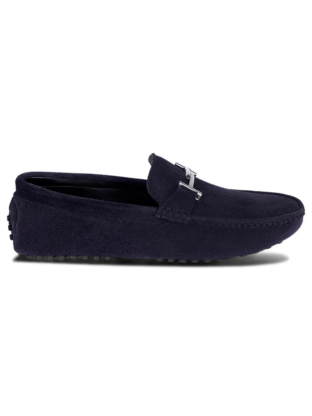 Federal Blue Handmade Italian Suede Leather Penny Loafers with Designer Buckle