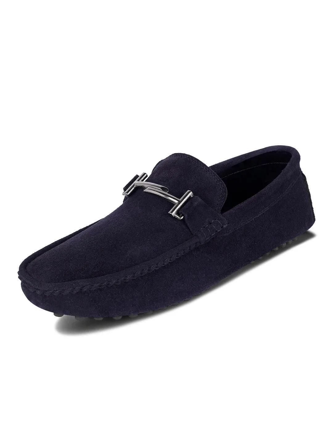 Federal Blue Handmade Italian Suede Leather Penny Loafers with Designer Buckle