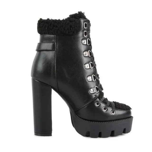 Leather Fur Collared Ankle Boots