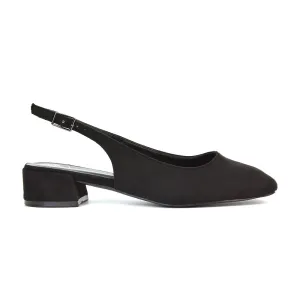 Luna Slingback Closed Square Toe Low Block Heel Shoes in Black Faux Suede