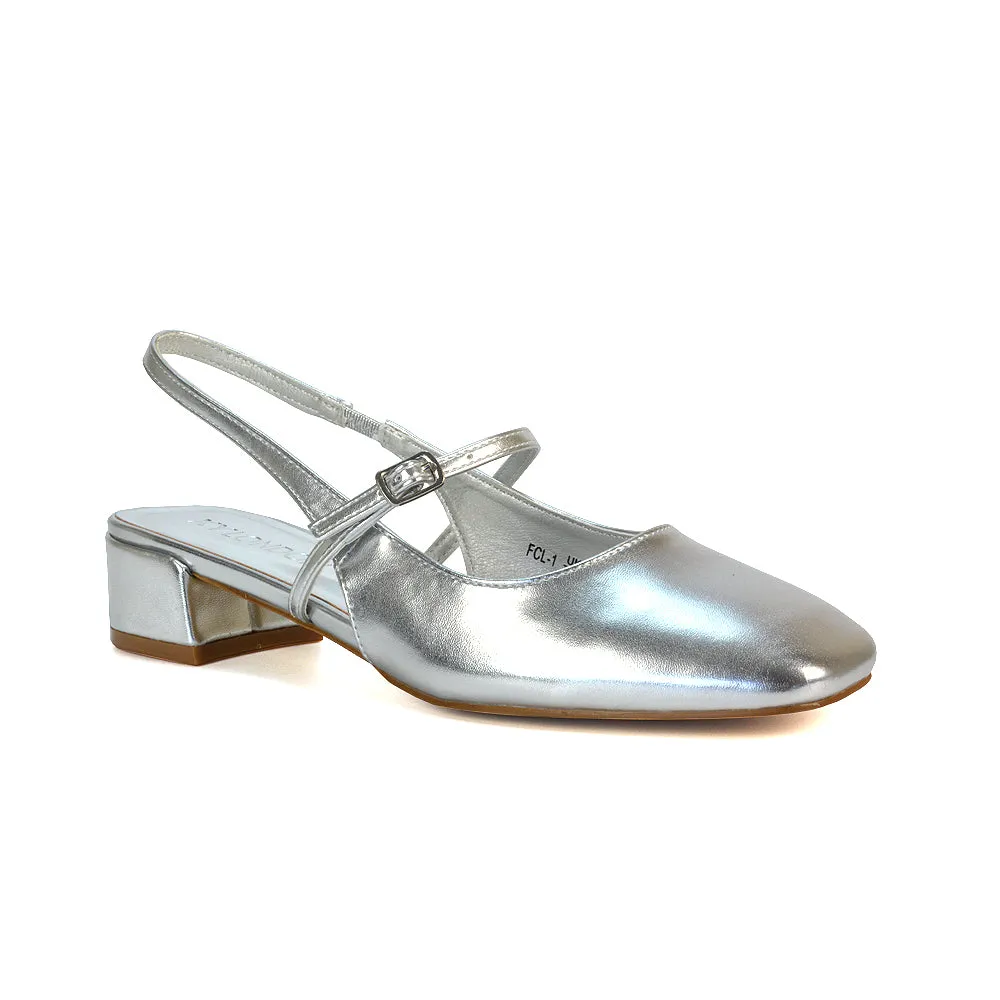 Marie Low Block Heel Square Toe Closed Toe Slingback Shoes in Ivory Satin