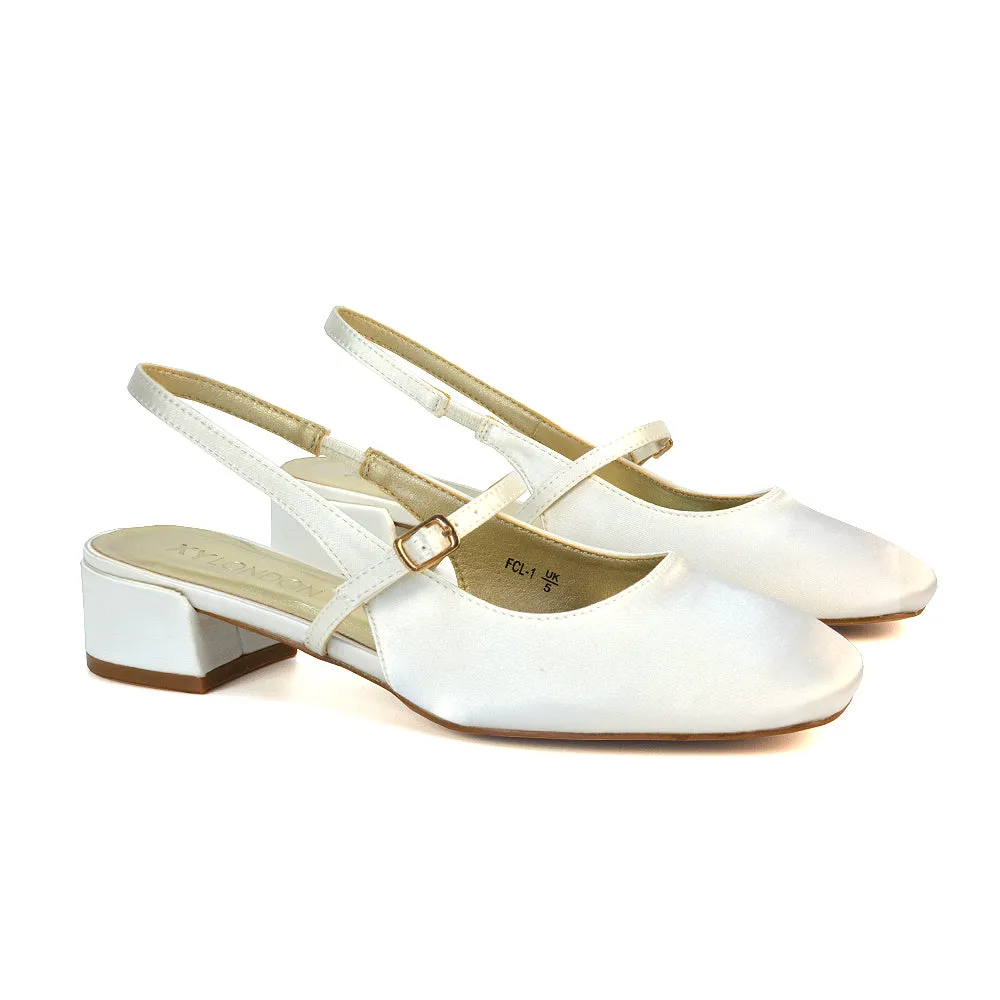 Marie Low Block Heel Square Toe Closed Toe Slingback Shoes in Ivory Satin
