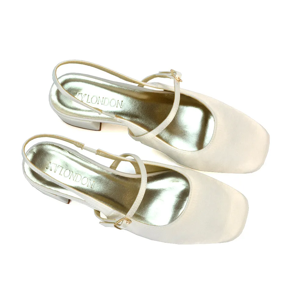 Marie Low Block Heel Square Toe Closed Toe Slingback Shoes in Ivory Satin