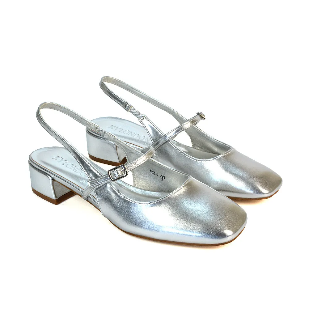 Marie Low Block Heel Square Toe Closed Toe Slingback Shoes in Ivory Satin