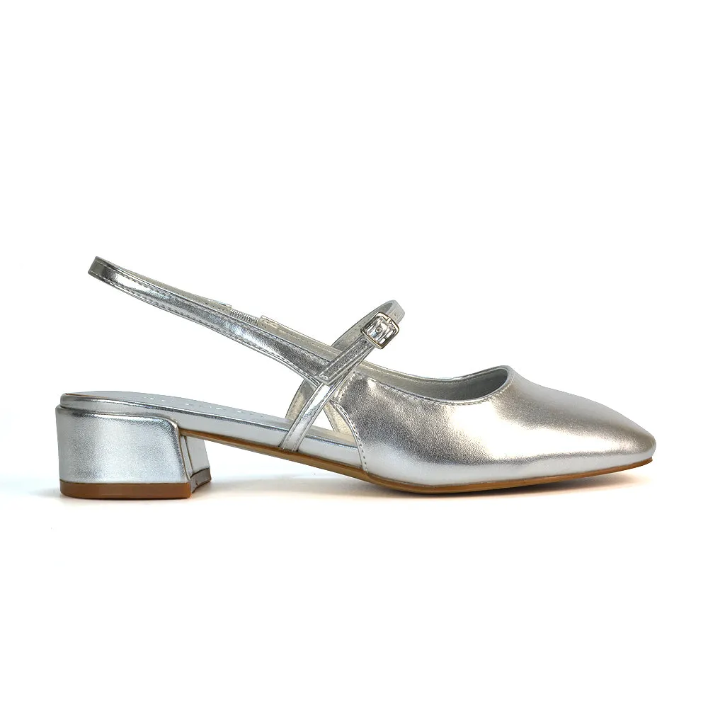 Marie Low Block Heel Square Toe Closed Toe Slingback Shoes in Ivory Satin