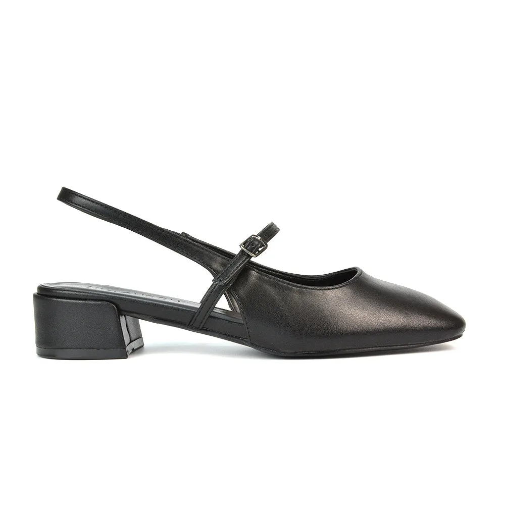 Marie Low Block Heel Square Toe Closed Toe Slingback Shoes in Ivory Satin