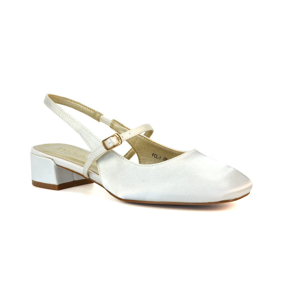 Marie Low Block Heel Square Toe Closed Toe Slingback Shoes in Ivory Satin