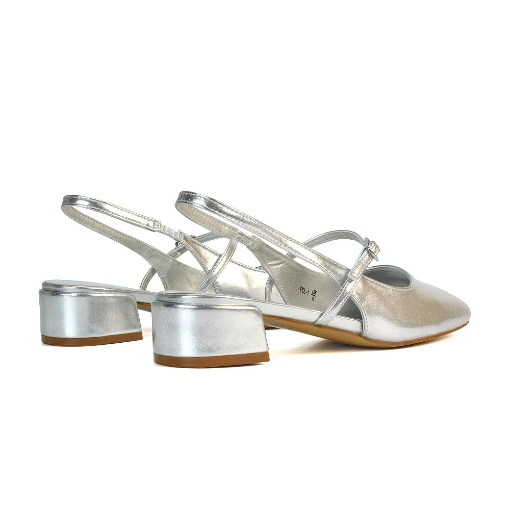 Marie Low Block Heel Square Toe Closed Toe Slingback Shoes in Ivory Satin