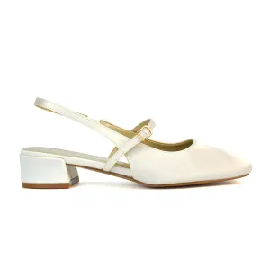 Marie Low Block Heel Square Toe Closed Toe Slingback Shoes in Ivory Satin