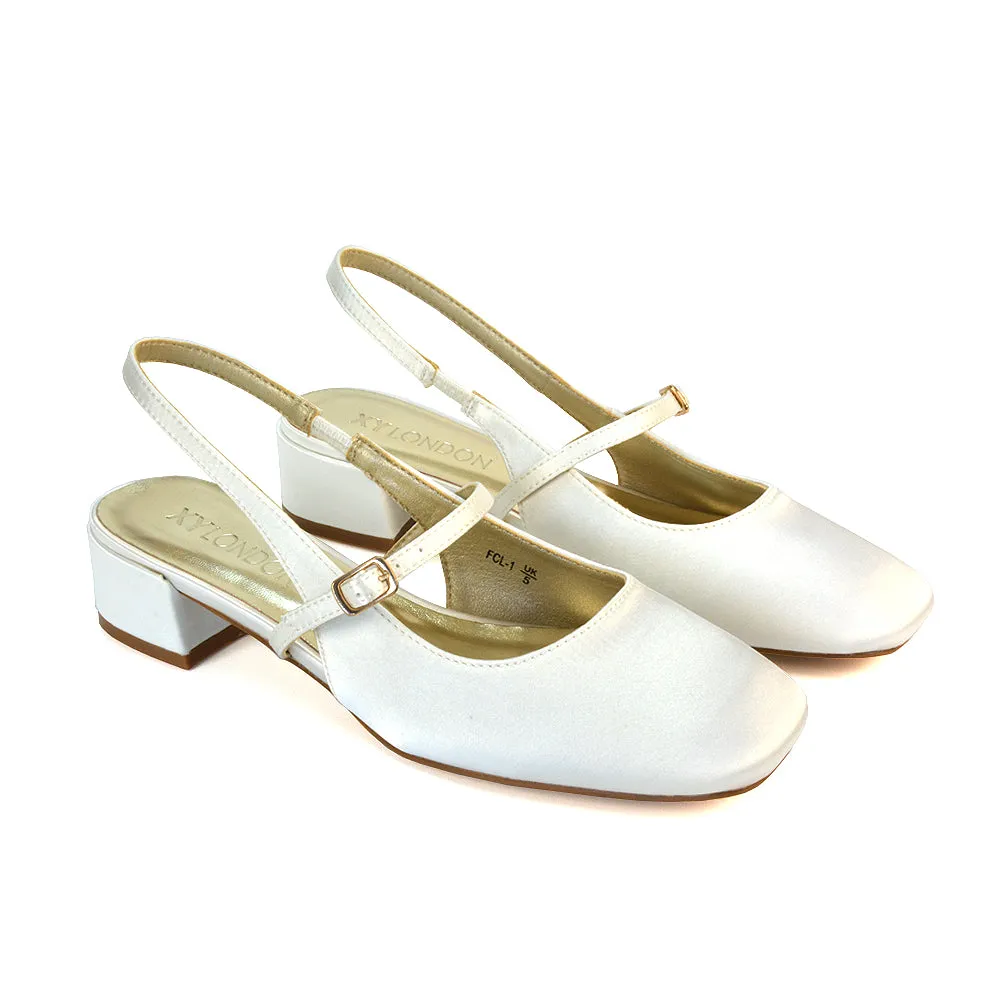 Marie Low Block Heel Square Toe Closed Toe Slingback Shoes in Ivory Satin