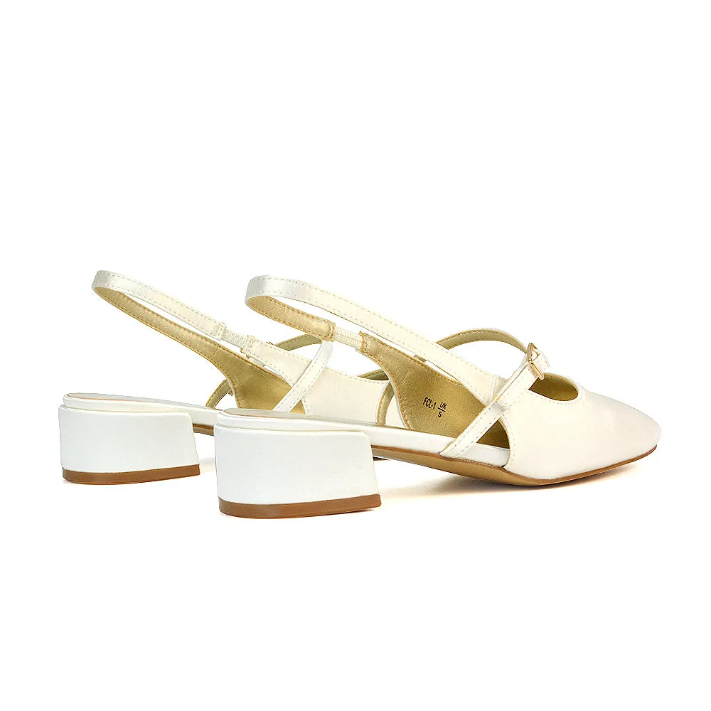 Marie Low Block Heel Square Toe Closed Toe Slingback Shoes in Ivory Satin