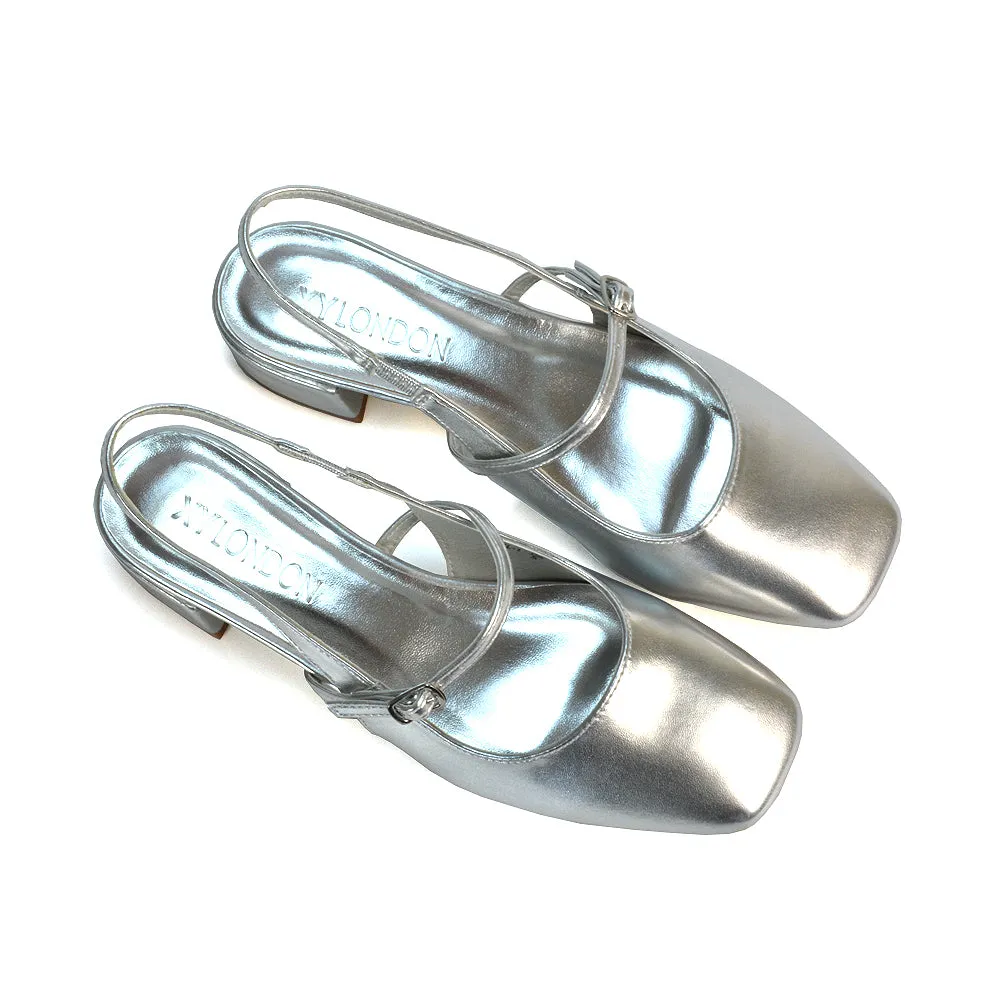 Marie Low Block Heel Square Toe Closed Toe Slingback Shoes in Ivory Satin