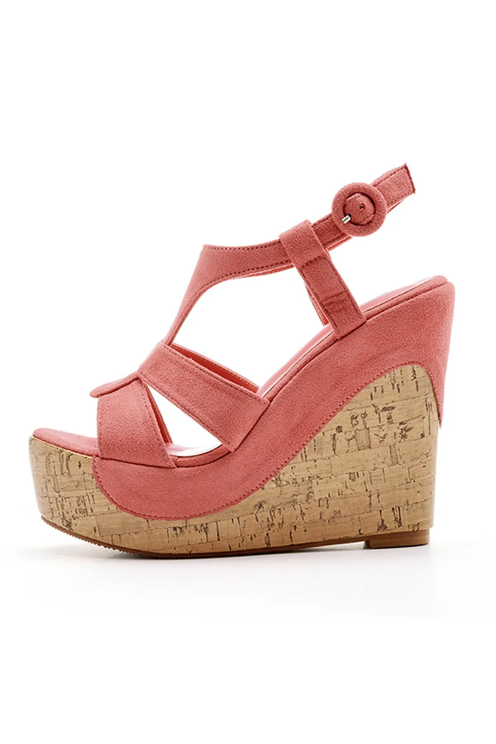 Suede Wood Grain Peep Toe Platform Wedges Sandals