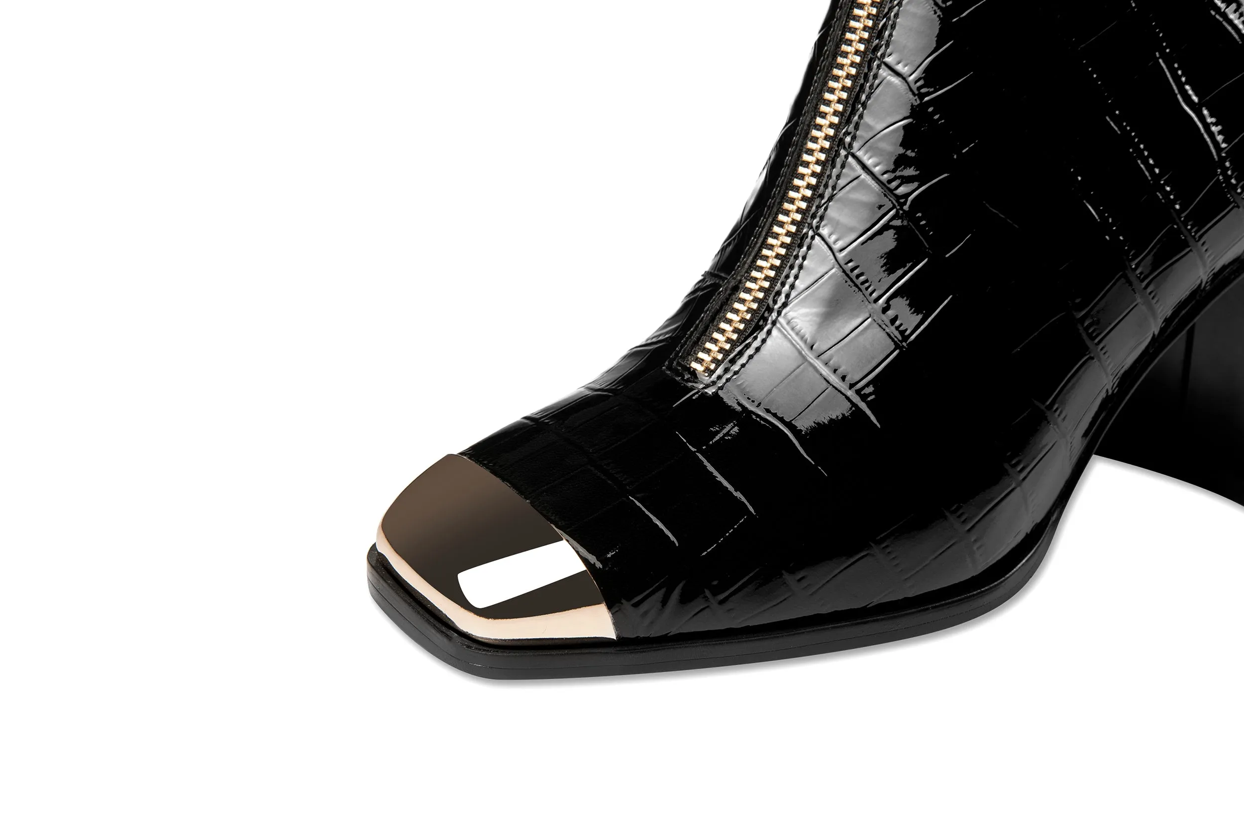 TinaCus Women's Checkered Patent Leather Handmade Chunky Heel Front Zipper Square Toe Ankle Boots
