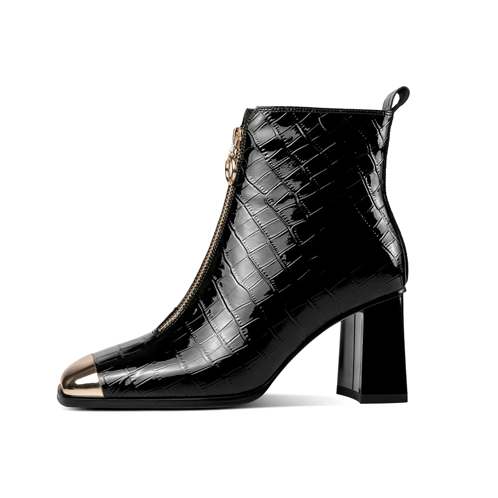 TinaCus Women's Checkered Patent Leather Handmade Chunky Heel Front Zipper Square Toe Ankle Boots