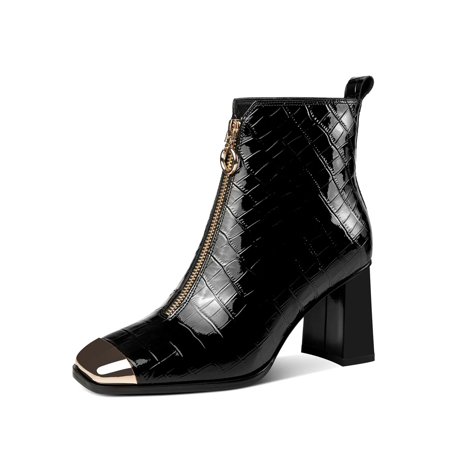 TinaCus Women's Checkered Patent Leather Handmade Chunky Heel Front Zipper Square Toe Ankle Boots