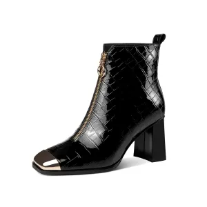 TinaCus Women's Checkered Patent Leather Handmade Chunky Heel Front Zipper Square Toe Ankle Boots
