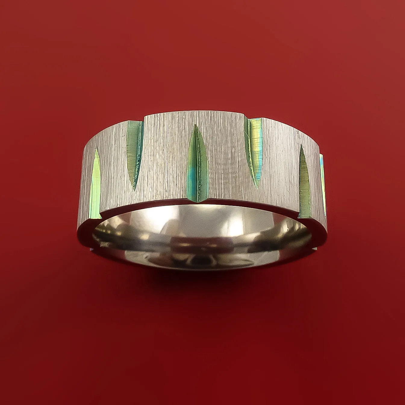 Titanium Wedge Cut Wedding Band with Turquoise Anodizing Ring Made to Any Size
